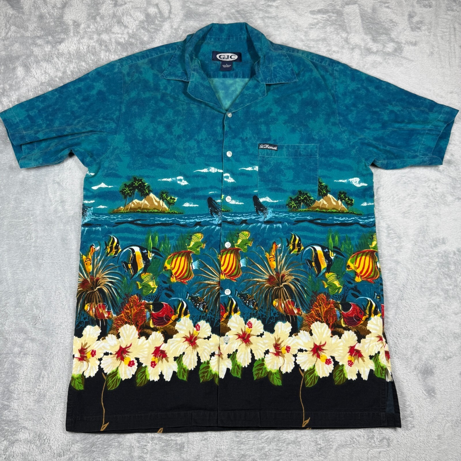 Vintage Gjc Hawaiian Vacation Shirt Men L Blue Ocean All Over Beach St. Thomas